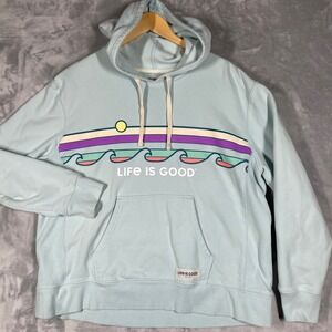 Life Is Good Womens XXL Hoodie Light Blue Retro Wave Graphic Pullover Sweatshirt